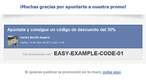 Ejemplo de como se asigna y visualiza un código promocional único a un usuario que se apunta a la promoción. Ejemplo de como se asigna y visualiza un código promocional único a un usuario que se apunta a la promoción.