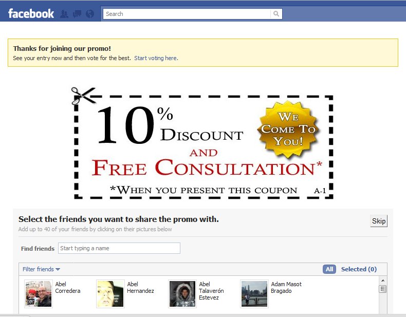 Example of a coupon displayed in Facebook using Easypromos Basic