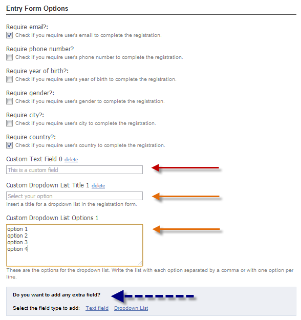 Form for managing customizable extra fields in Easypromos Form for managing customizable extra fields in Easypromos