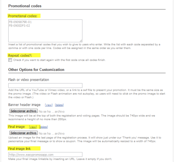 Fields for setting up promotional codes in the promotion editing form