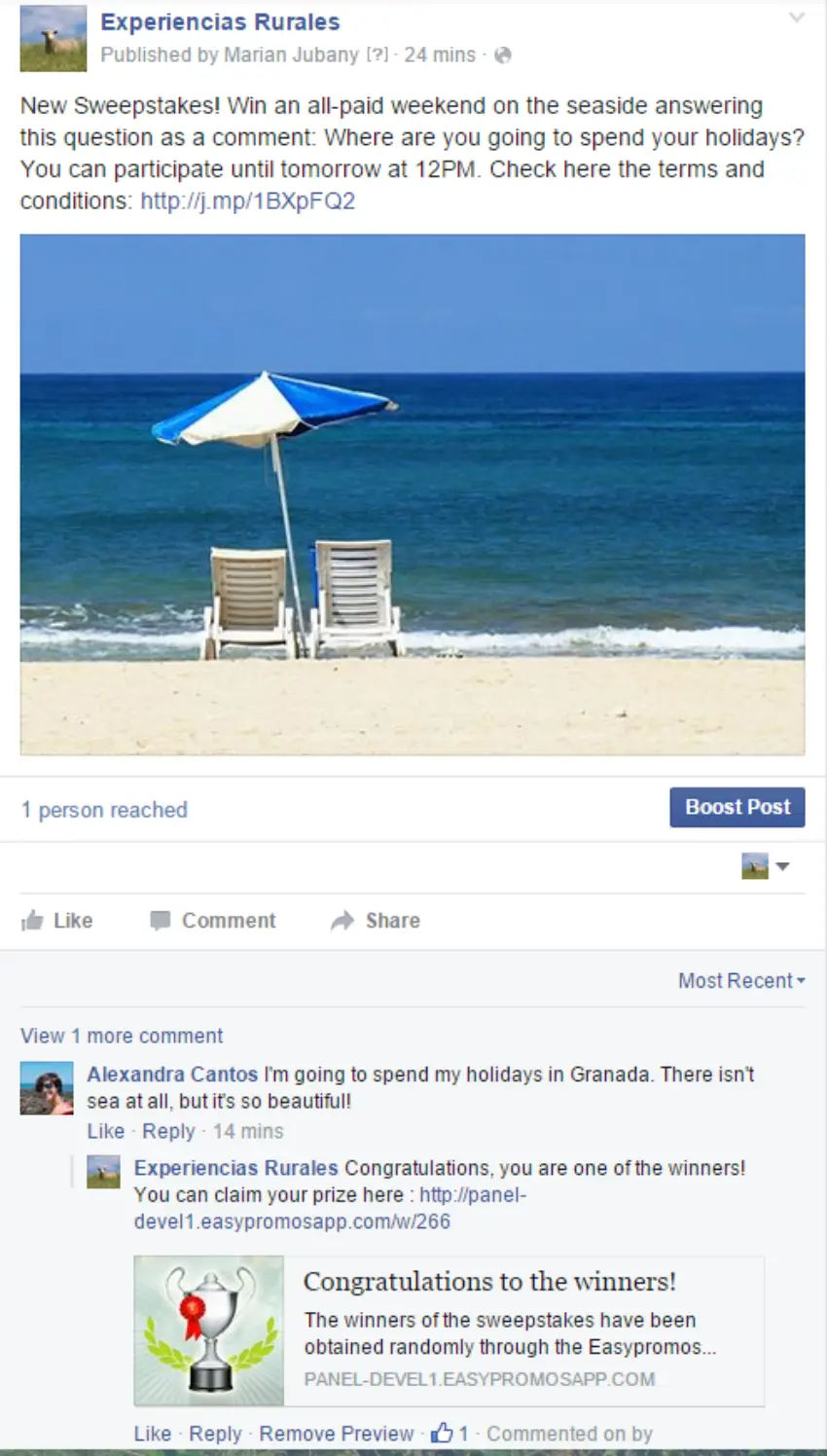 screenshot showing how to contact a giveaway winner
