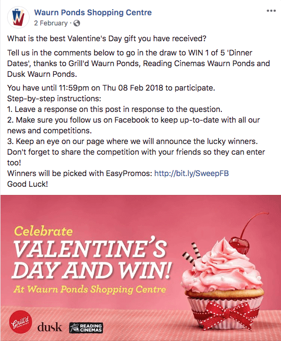Valentine's Day social media giveaways. Screenshot of a Valentine's Day giveaway on Facebook, organized by Waurn Ponds Shopping Center. Valentine's Day giveaway ideas