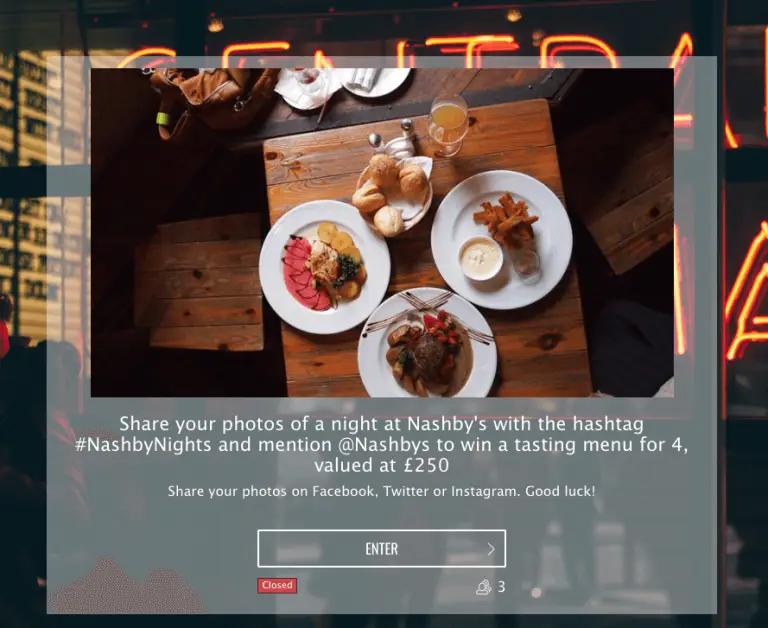Restaurant promotions with hashtags and coupons. This contest asks users to share photos with the restaurant's Instagram name and hashtag to win a tasting menu for 4.