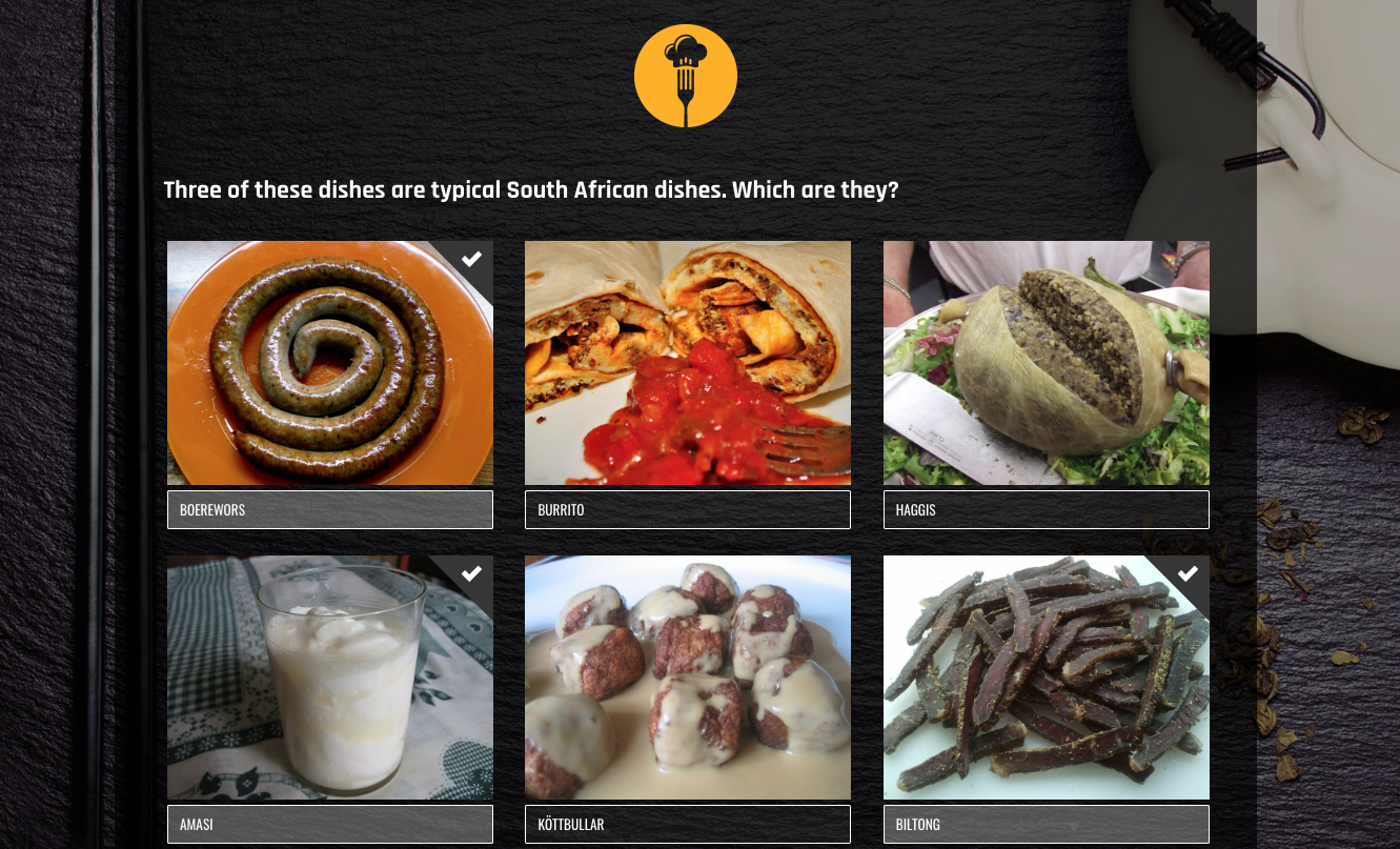 More examples of restaurant promotions: an international food quiz. In this question, users have to pick the 3 South African dishes from a gallery of 6 different recipes.