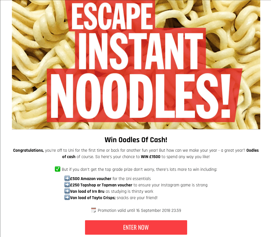 Back to School promotion ideas: screenshot of a giveaway landing form for a student snack giveaway.