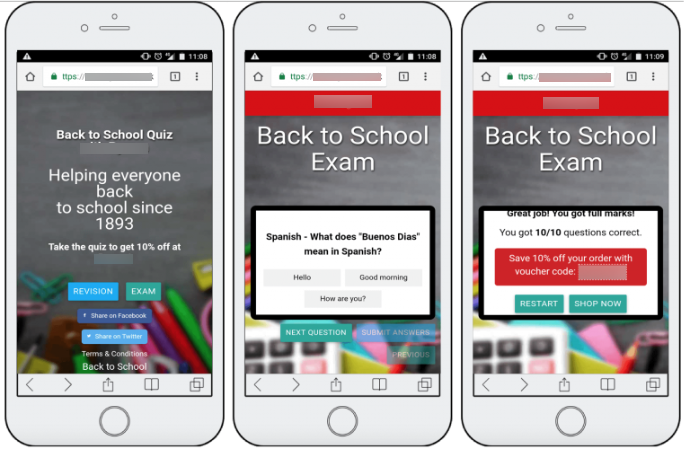 Back to School promotion ideas: screenshots from a mobile quiz with a 10% discount coupon reward.