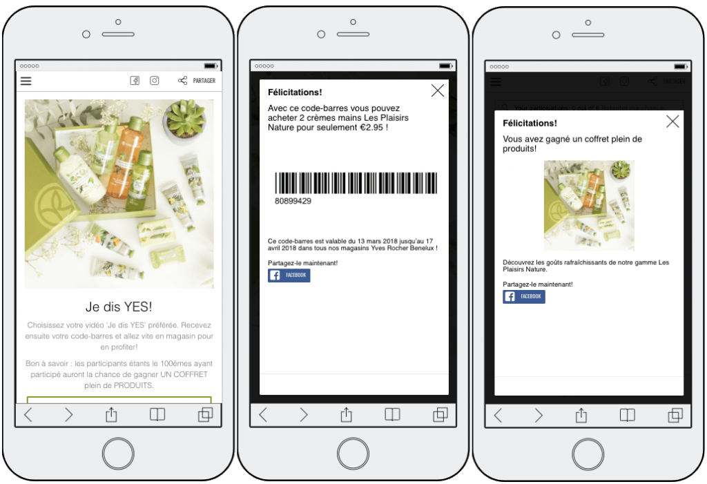 3 screenshots showing a coupon promotion. 1: displaying contents of the giftbox on offer. 2: a coupon for a discount in-store. Up to 100 users could win this coupon. 3: a screen announcing the winner of the giftbox. Only 1 user can win the giftbox.