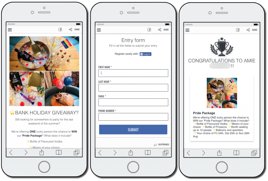 3 mobile screenshots showing a bank holiday giveaway announcement, registration form to collect leads' contact details, and a winners' announcement.