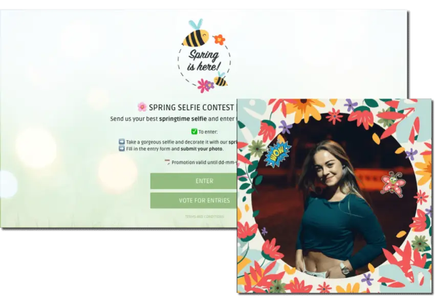 Screenshots from a spring photo contest, showing the promotion homepage and a decorated spring selfie by a participant.