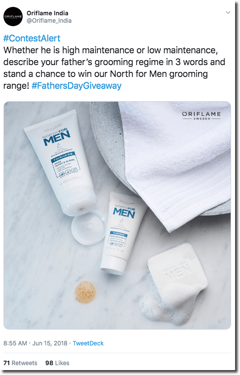 Example of a Father's Day giveaway on Twitter. The image shows grooming products. Users are asked to comment with their dad's grooming regime in 3 words, for the chance to win.