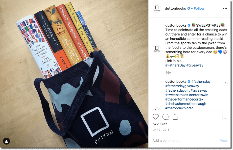 Example of a Father's Day promotion on Instagram. The brand, a book publisher, offers a set of books to read for the summer. Users can join the giveaway through the link in the brand's bio.