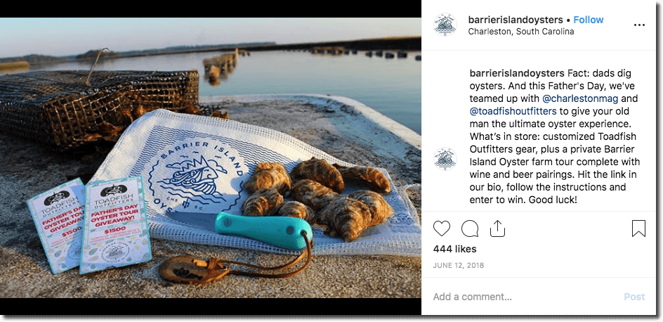 Example of a Father's Day promotion on Instagram. The image shows oysters and a shucking knife against a peaceful lake background. The text invites users to enter the giveaway, organized by 3 brands together, via a link in bio.