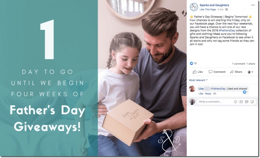 Father's Day promotion ideas for Facebook. The image shows a father and daughter opening a parcel together. The overlay text reads, "1 day to go until we begin four weeks of Father's Day giveaways!"