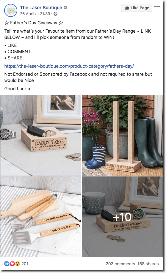 Father's Day promotion ideas on Facebook. The images show an extensive range of Father's Day gifts. Users are invited to comment with their favorite gift, for a chance to win it. They are optionally invited to share.