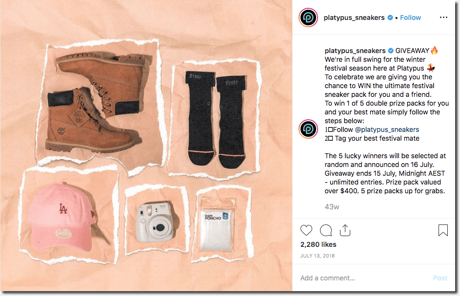 Example of a festival brand partnership on Instagram. The image shows a bundle of prizes from a sneakers brand. They invite people to win one of 5 festival prize packs by commenting and tagging their best festival buddy.