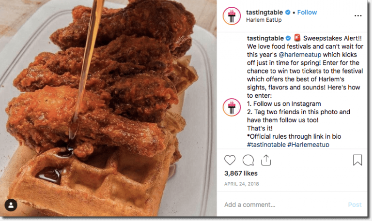 Another example of a festival brand partnership on Instagram. The image shows fried chicken with waffles and maple syrup. In the caption, a restaurant invites users to win tickets to a local food festival by commenting and tagging 2 friends.