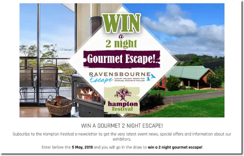 Example of a festival promotion. The banner image shows a luxury holiday home, with the overlay text: "Win a 2 night gourmet escape!" Below, the text explains that users can enter the prize draw when they sign up to the festival's newsletter.