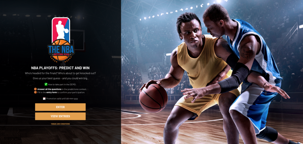 Homepage of an NBA predictions contest. On the left, a black container holds the title "NBA PLAYOFFS: PREDICT AND WIN". There are 2 orange buttons, marked ENTER and VIEW ENTRIES. On the right, there is a photograph of two men playing basketball.