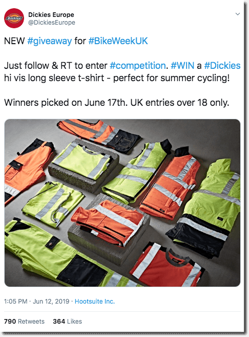 Screenshot of a Twitter giveaway. The image shows a collection of hi-vis gear. The caption invites users to follow and retweet for a chance to win the gear during Bike Week UK.