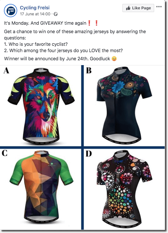 Screenshot of a Facebook giveaway by a cycling brand. The caption asks people to comment the name of their favorite cyclist, and their pick of 4 jerseys displayed in the main image.