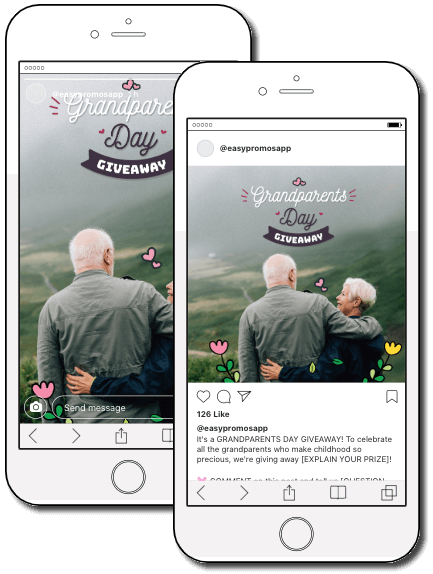 Mobile screenshots of a Grandparents Day giveaway on Instagram, using Easypromos templates for posts and Stories.