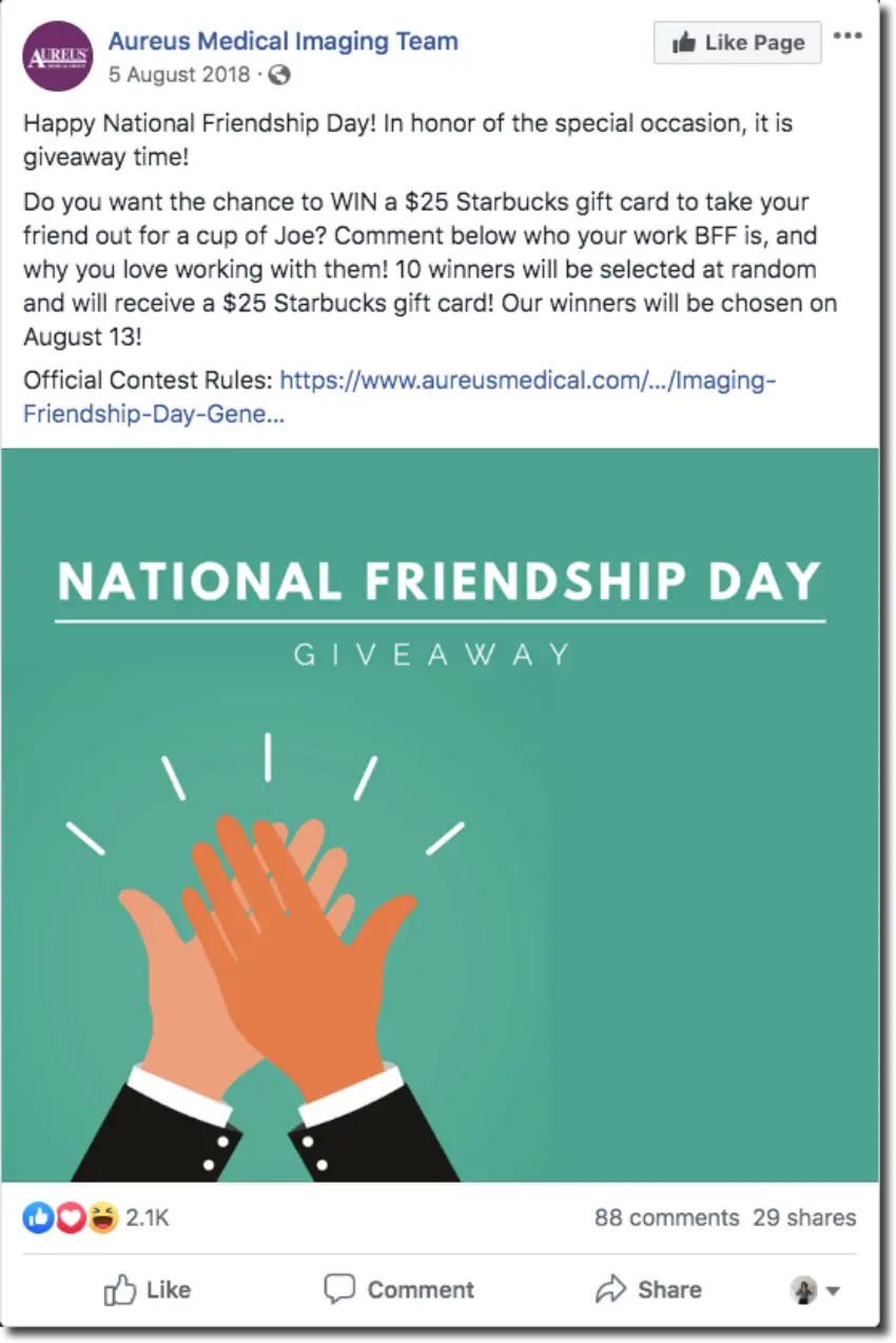 Screenshot of a Facebook giveaway for Friendship Day. The main image is a cartoon of two hands high-fiving. The caption invites people to comment who their work BFF is, and why, for the chance to win a Starbucks gift card.