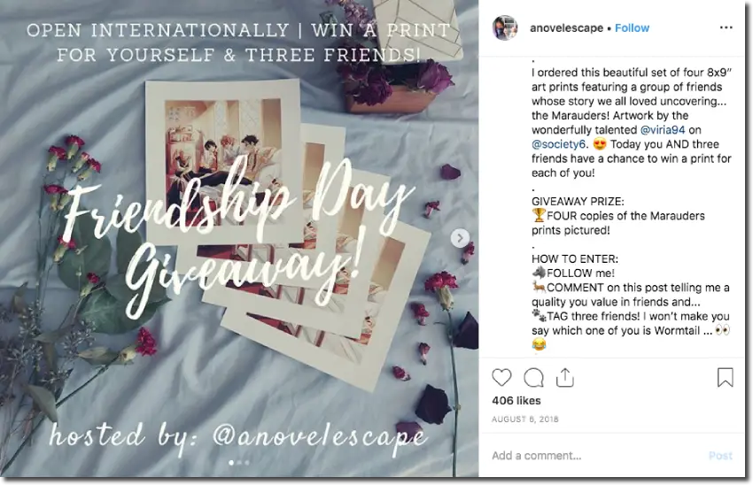 Screenshot of an Instagram giveaway for Friendship Day. The image shows 4 fan art prints of Harry Potter, against a white sheet and with a bouquet of roses. The overlay text and caption explain that people can win the prints by commenting and tagging 3 friends.