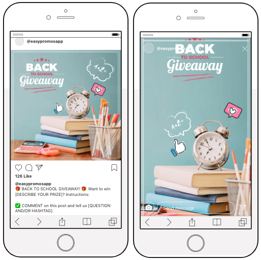 Screenshots of Easypromos templates for a Back to School giveaway on Instagram posts and Stories.
