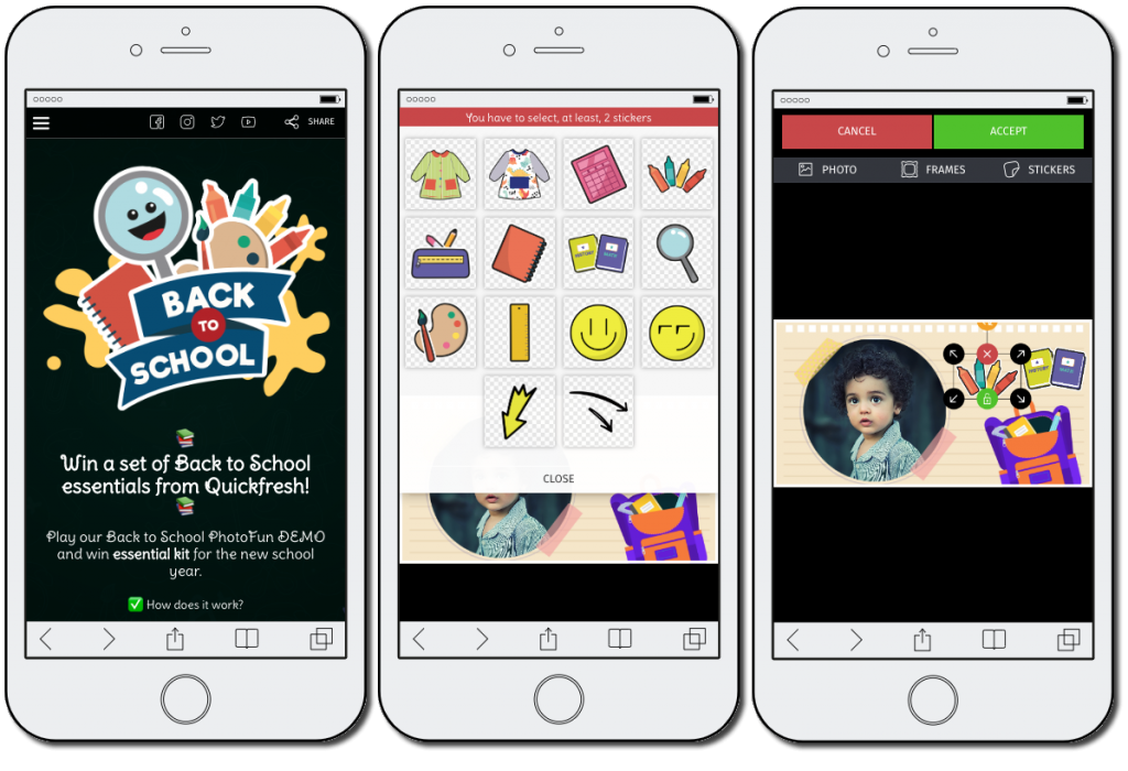 Back to School promotion ideas: mobile screenshots from a PhotoFun game, showing how users can decorate photos with themed stickers.
