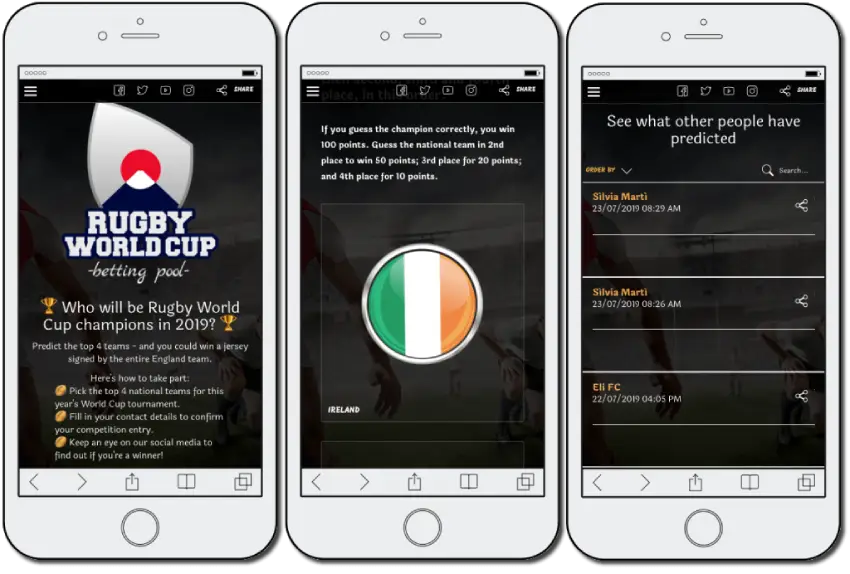 Mobile screenshots from a Rugby World Cup predictions contest. The images show a landing page, an example of a question, and a final page where users can view other people's predictions.