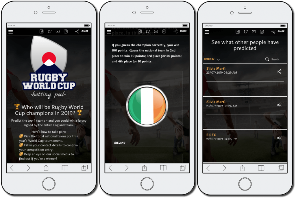 Mobile screenshots from a Rugby World Cup predictions contest. The images show a landing page, an example of a question, and a final page where users can view other people's predictions.