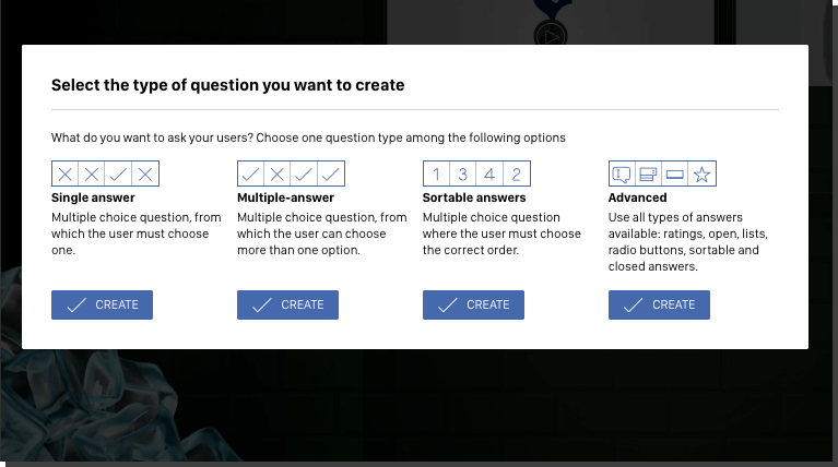 Screenshot from the Easypromos quiz app editor to create a product recommender. Question options include single answer, multiple answer, sortable answers, ratings, open questions, lists and radio buttons.