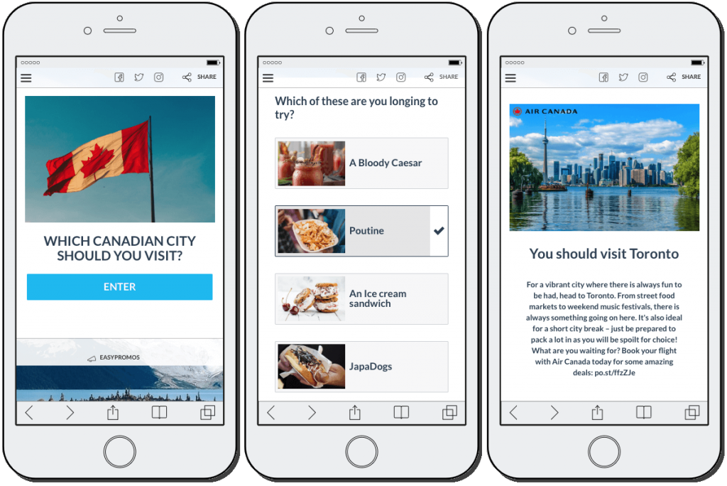 3 mobile screenshots sohwing a product recommender from a travel agency, created with Easypromos. The first screen reads "Which Canadian city should you visit?" The second screen shows a sample question, asking users to choose one of Poutine, Ice cream sandwich, Japadogs and Bloody Caesar. On the final screen, the app recommends a trip to Toronto.
