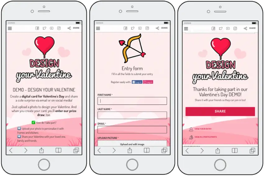 3 steps of Valentine's Day photo contest with PhotoFun: homepage, entry form, and thank you page