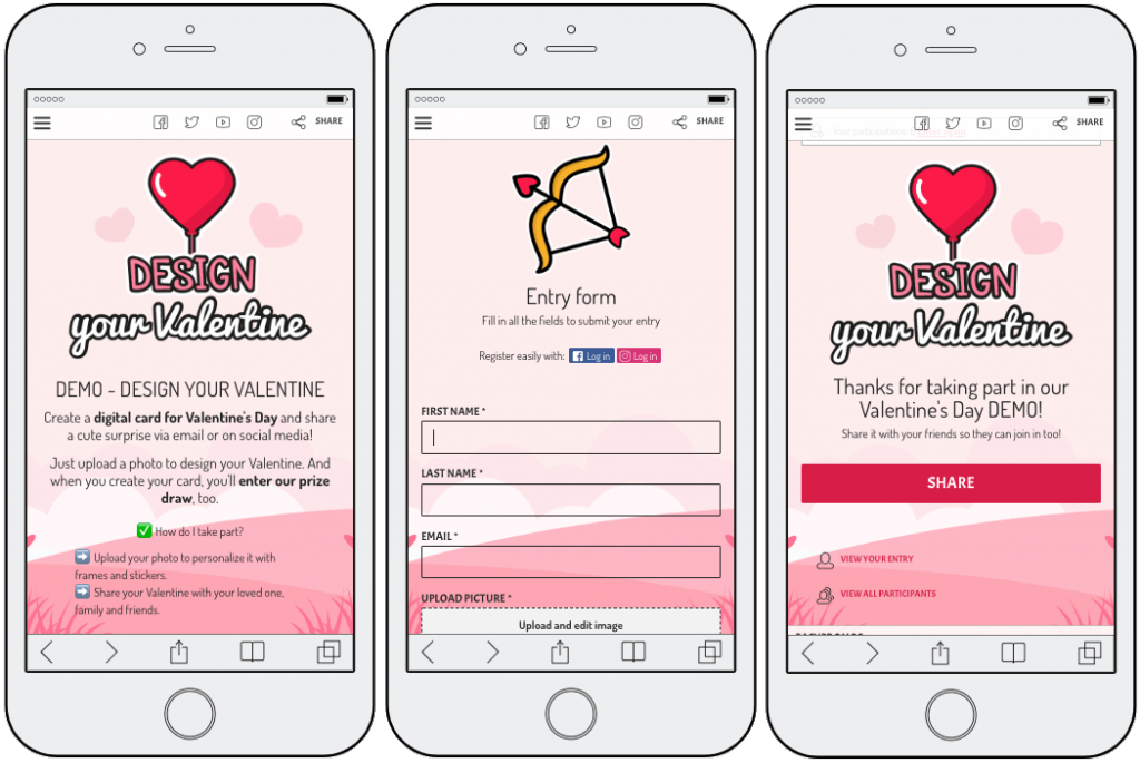 3 steps of Valentine's Day photo contest with PhotoFun: homepage, entry form, and thank you page