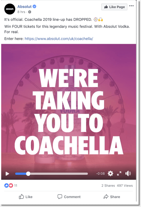 Screenshot of the Absolut giveaway promoted on facebook. Proven ecommerce practices