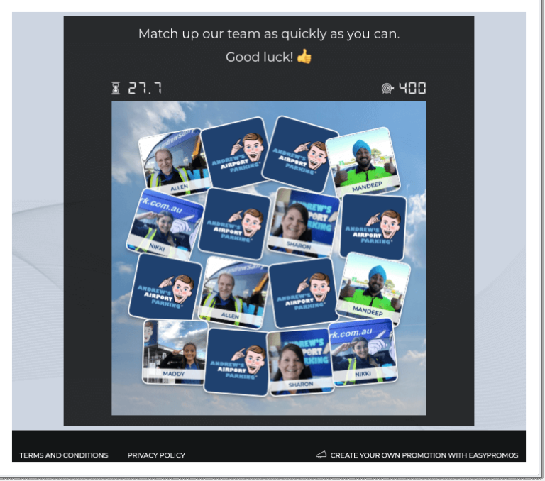 Screenshot of Andrew's Airport Parking branded Memory game. Pictures of employees in the game