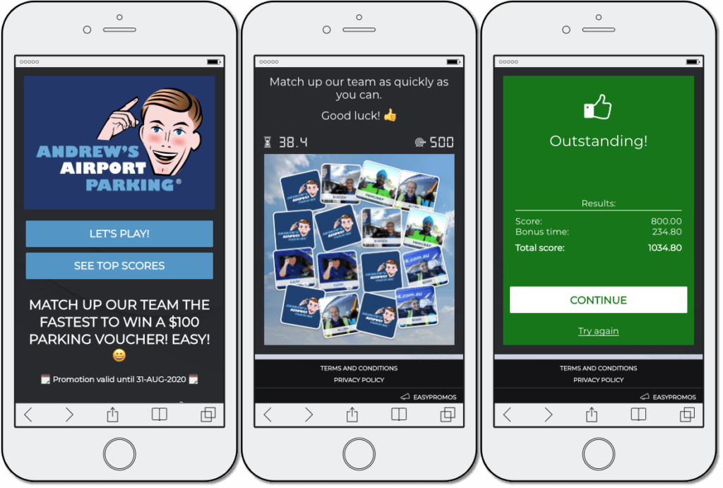 Screenshot of Andrew's Airport Parking branded Memory game.