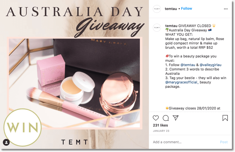 Australia Day giveaway. Screenshot of an instagram giveaway organized for Australia day by Temtau.