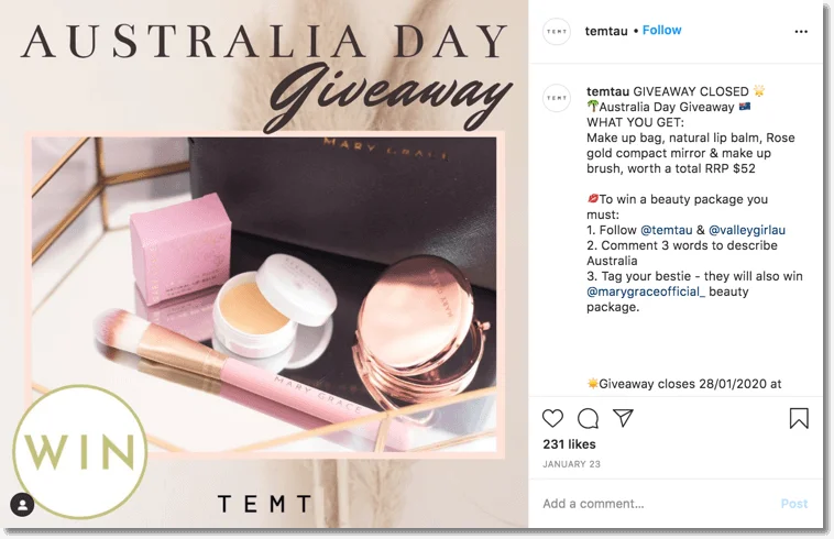 Australia Day giveaway. Screenshot of an instagram giveaway organized for Australia day by Temtau. 