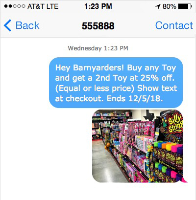 Screenshot of mobile phone with friendly text message offer from Barnyard.