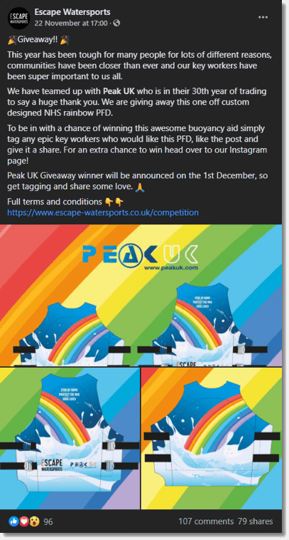 Screenshot of a Facebook post by a sports brand. They are offering a swimwear giveaway exclusively for healthcare workers in the UK. Users are asked to tag healthcare workers who would appreciate the prize.