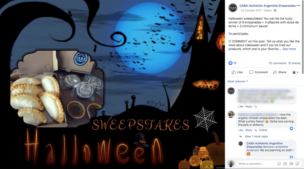 Halloween promotions on Facebook: this post shows an assortment of empanadas and alfajores against a spooky Halloween background.