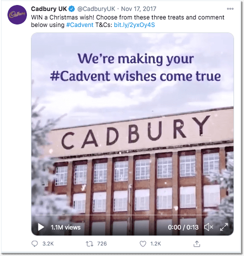 Christmas Twitter giveaway idea: screenshot from Cadbury UK.