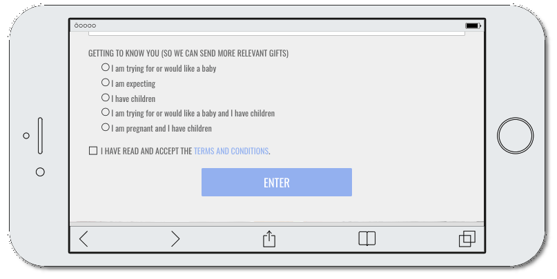 Mobile screen showing coupon redemption page. Customers are asked whether they have children, are expecting, or would like to have children.
