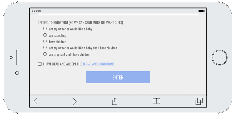 Mobile screen showing coupon redemption page. Customers are asked whether they have children, are expecting, or would like to have children.