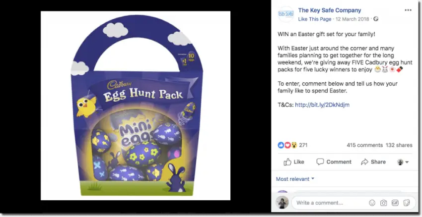 Example of an Easter giveaway on Facebook. The image shows a Cadbury's Egg Hunt Pack of assorted chocolate eggs.