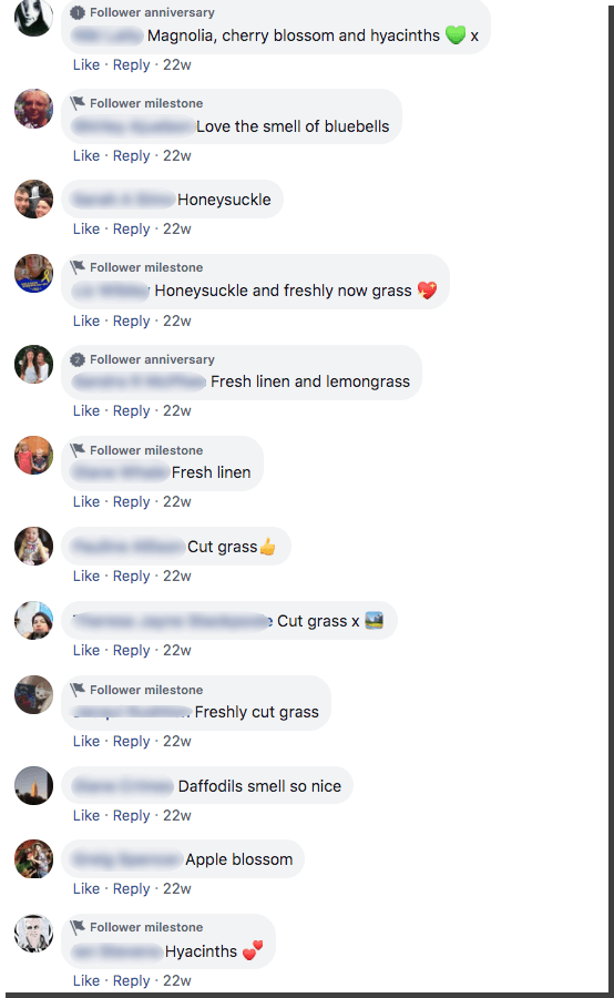 Screenshot of comments in response to a Facebook spring giveaway. Answers include magnolia, cherry blossom, hyacinth, bluebells, honeysuckle, grass, and fresh linen.