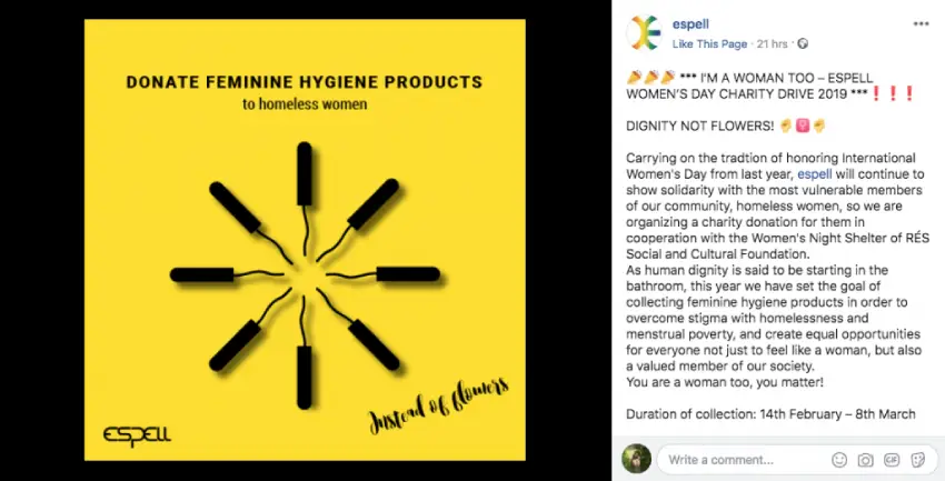 Facebook post announcing a charity drive to collect sanitary products for homeless women. The image shows 6 tampons arranged in a star shape on a yellow background, with the title "Donate feminine hygiene products to homeless women".