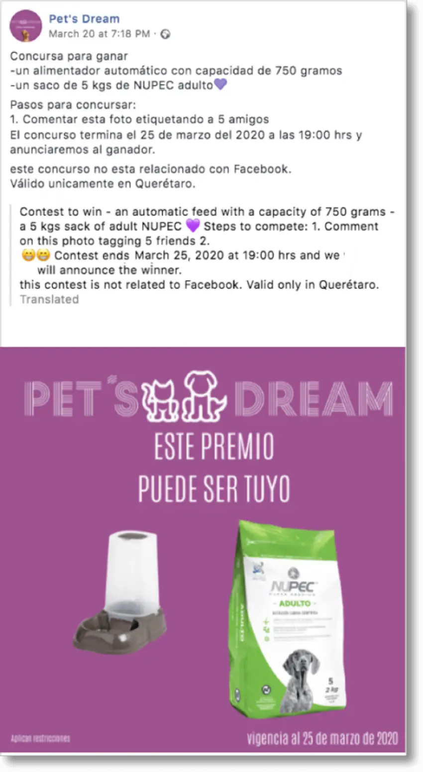 Pet giveaway organized by Pet's Dream on Facebook 
